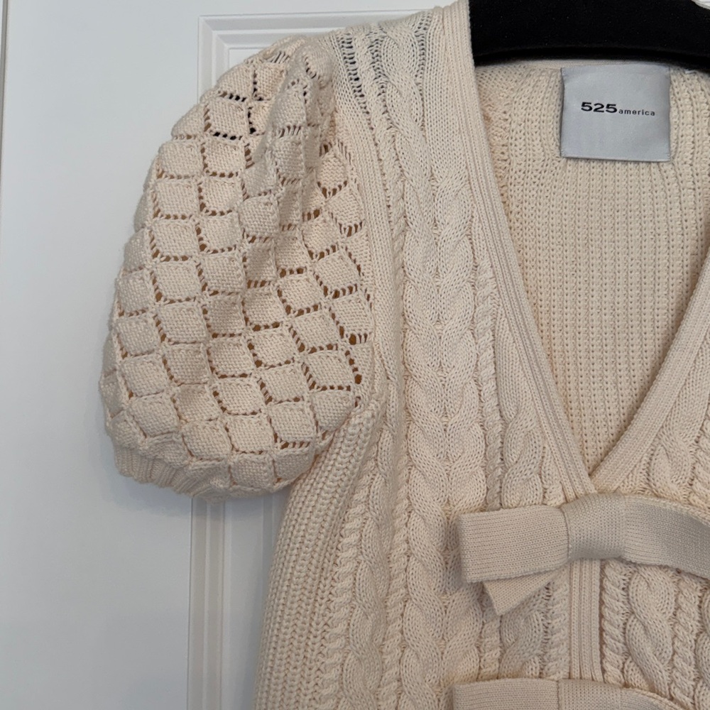 525 America Cream Cable Knit Puff Sleeve Short Cardigan - Picture 3 of 12